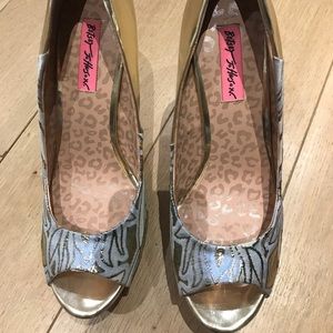 Betsey Johnson blue and gold shimmer Stilettos